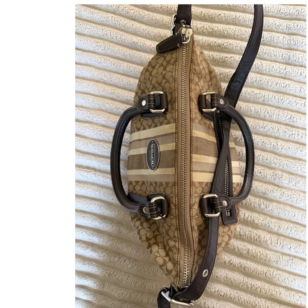 Coach Legacy Signature Stripe Satchel Khaki Mahogany Canvas Leather Handbag